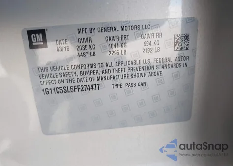 2015 Chevrolet Malibu 1Lt z USA, uszkodzony, nr VIN 1G11C5SL6FF274477